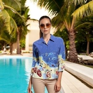 ONQUE Casuals Coastal Beach Print Zip Jacket Women M Cotton Blue Multicolor VG